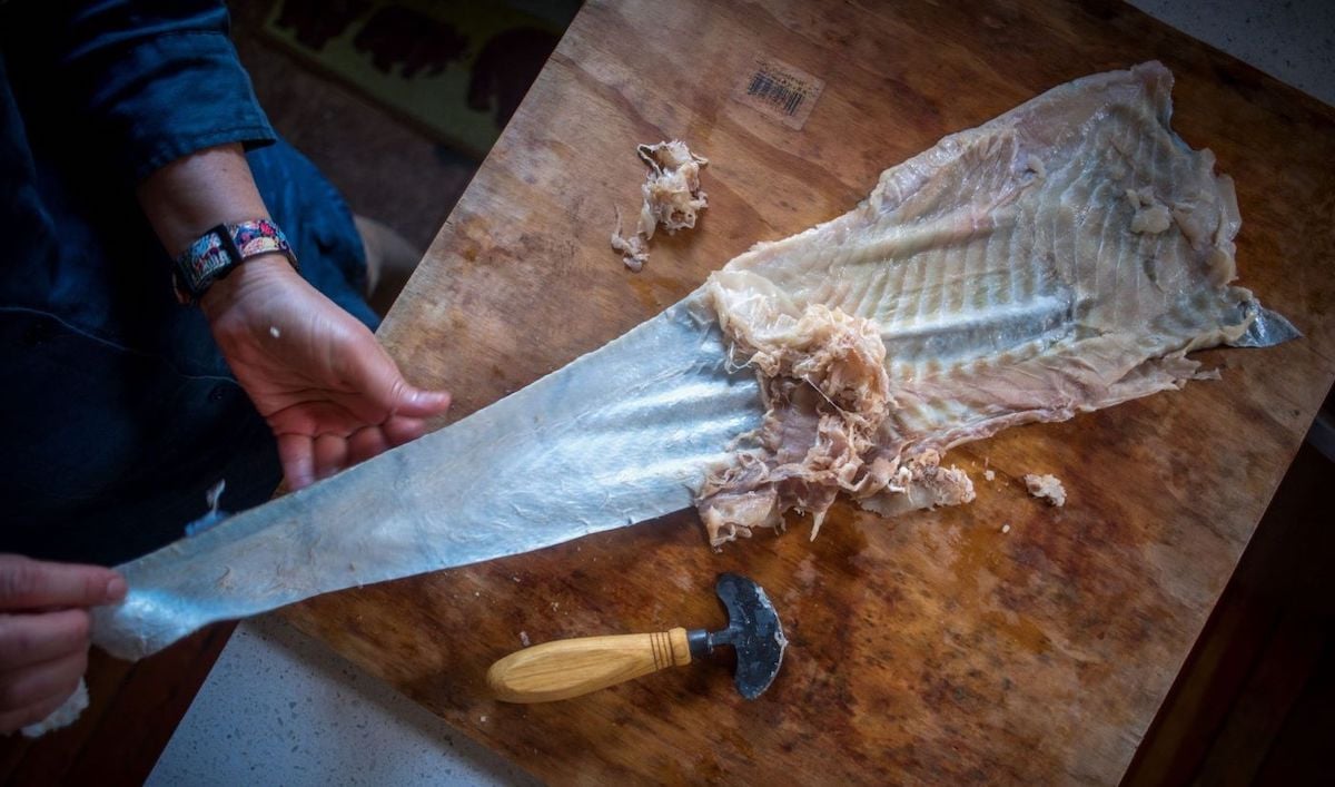 Two hands stretch out a piece of fish skin that is half cleaned of flesh. The skin sits on a wooden cutting board next to a scraping tool.