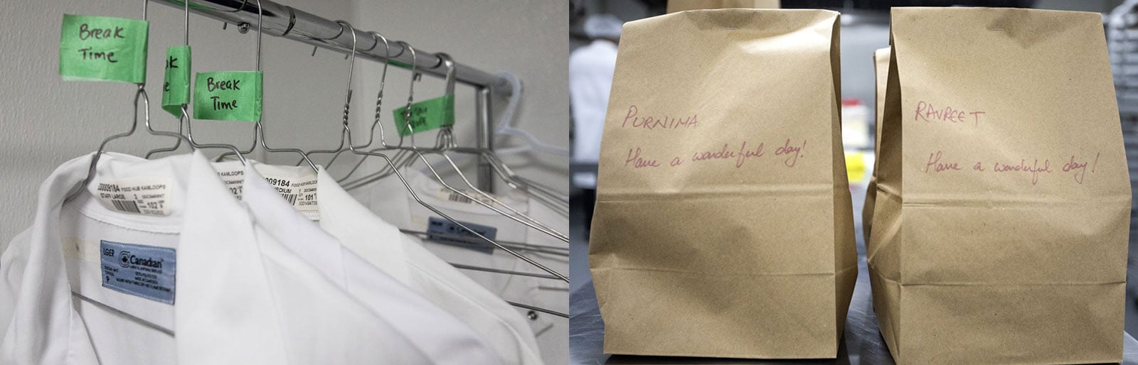 Two photos side by side. On the left, white chef coats hang on wire coat hangers on a metal rack, with green labels reading 'Break Time' on each hanger. On the right, two brown paper bags with handwritten customers' names and the words 'Have a wonderful day!' on them.