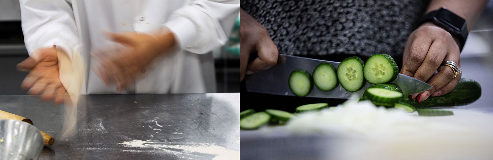 Two photos side by side. On the left, two blurred hands in motion, shaping roti dough. On the right, two hands slicing a cucumber with a kitchen knife.