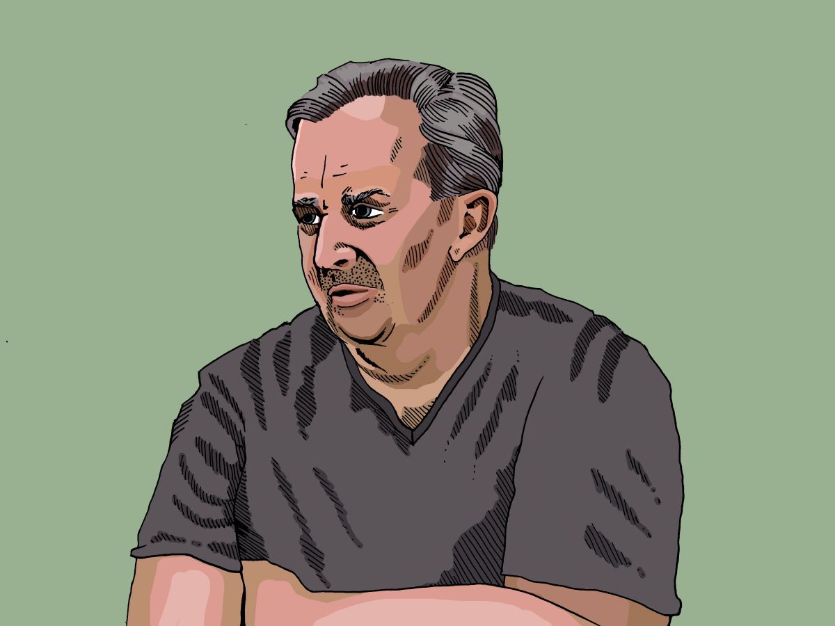 Illustration of a light-skinned man with short grey-brown hair wearing a dark-coloured T-shirt, with a light green background.