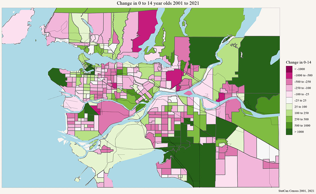 A map in different colours showing the loss of kids in different regions of Metro Vancouver.