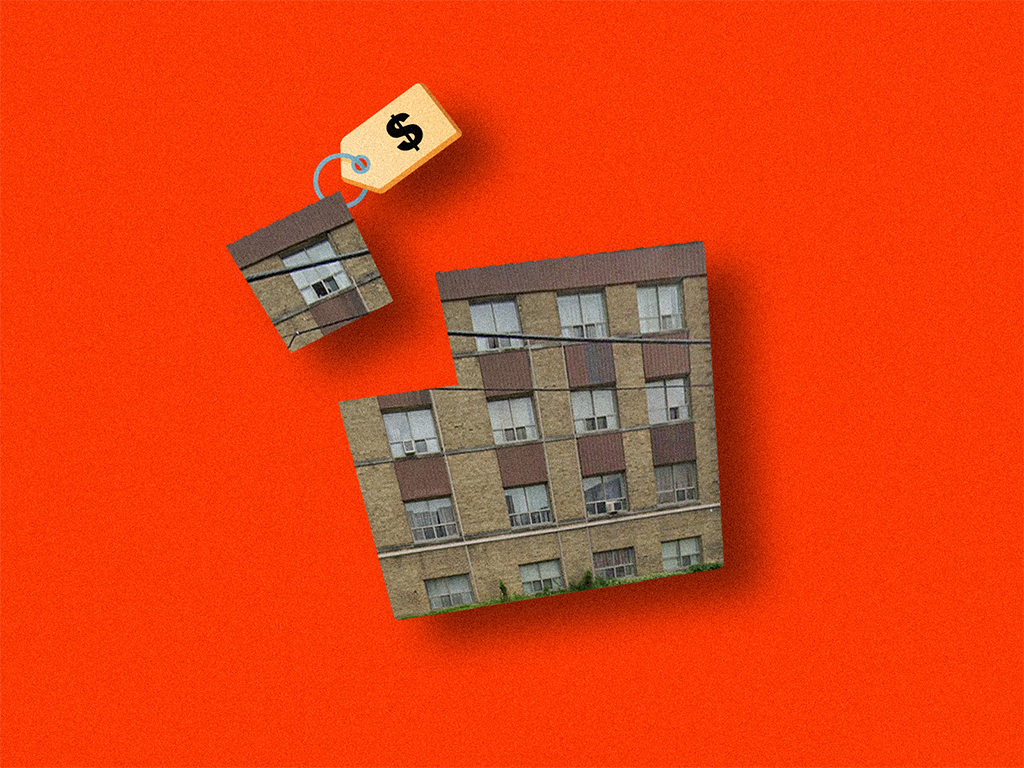 A photograph of an apartment building with one corner cut off from the rest of the picture with a price tag attached to it.