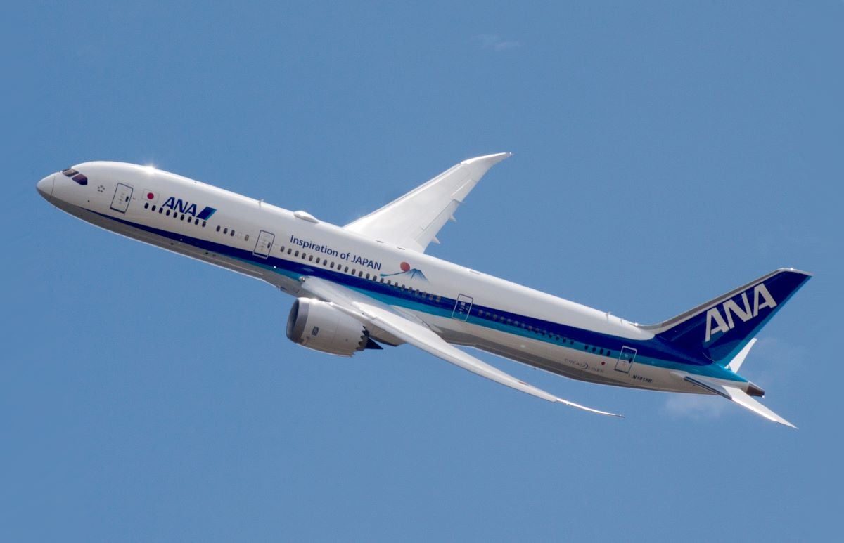 A white airplane with a blue stripe and the words 'ANA' and 'Inspiration of Japan' flies in a blue sky.