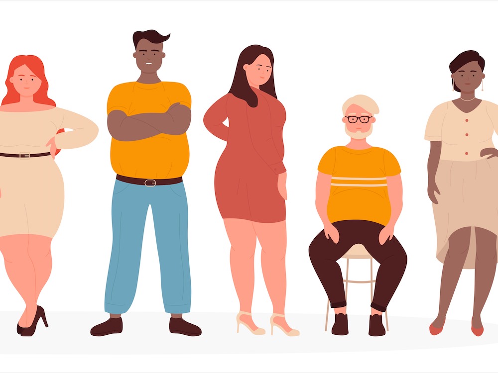 A colourful digital illustration of people with different body shapes against a white background.