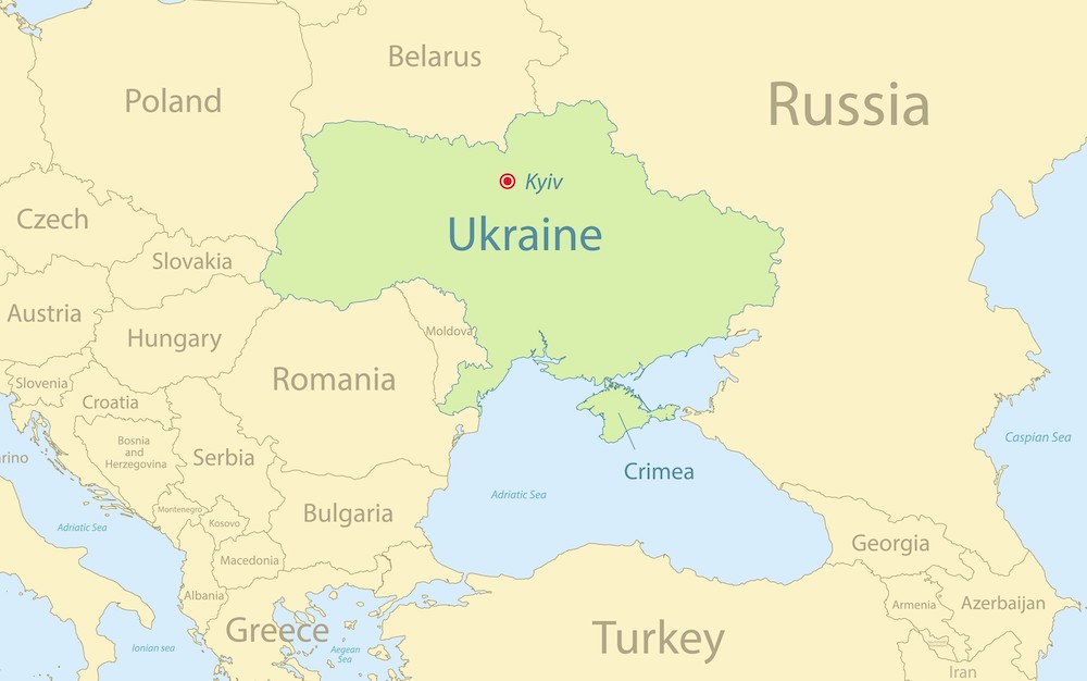 A map pinpointing Crimea and Kyiv.
