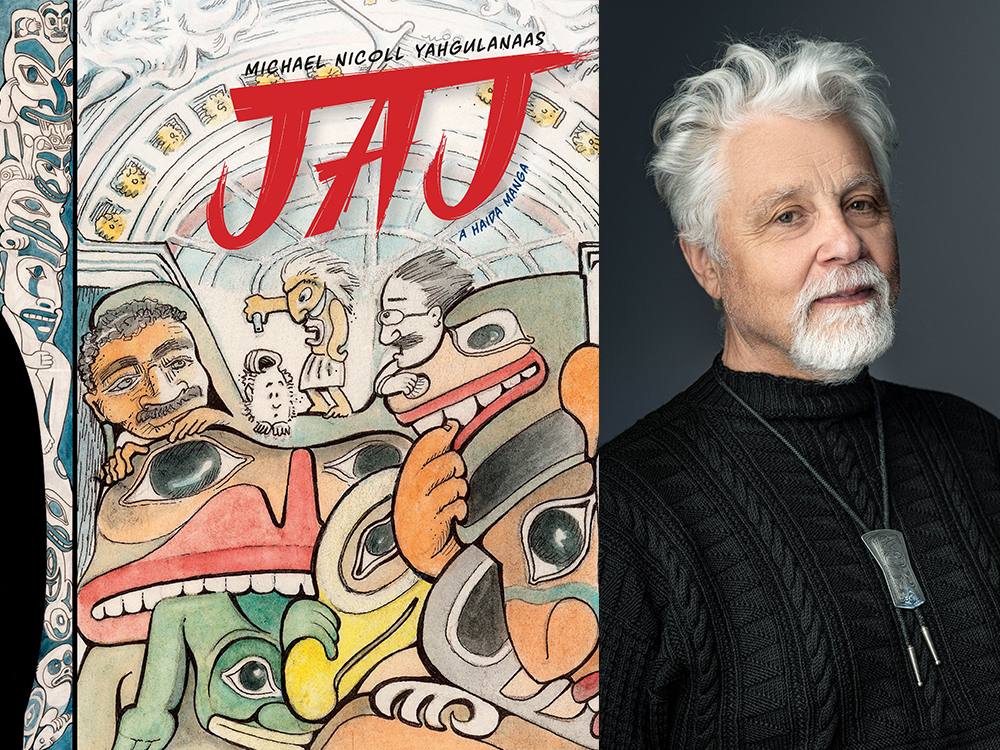 A two-panel image featuring the book cover for JAJ: A Haida Manga, with red painted text against intricate illustrations that pull from Northwest Coast art traditions. On the right, a photo of Michael Nicoll Yahgulanaas, who has white hair and is wearing a black turtleneck.