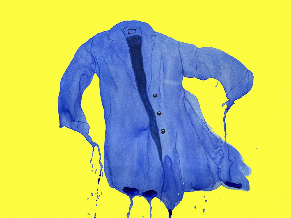 A blue jacket drips from its sleeves, looking like it is melting against a yellow background.