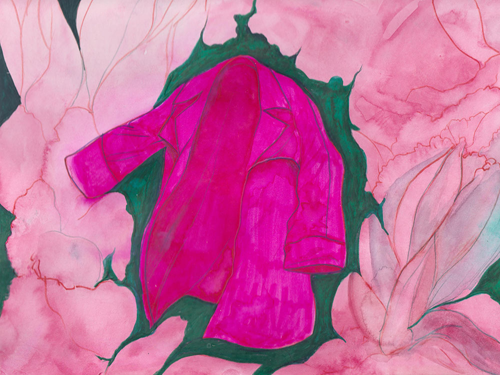 A watercolour illustration of a fuchsia jacket against a green background, framed by thick pink blossoms and petals.