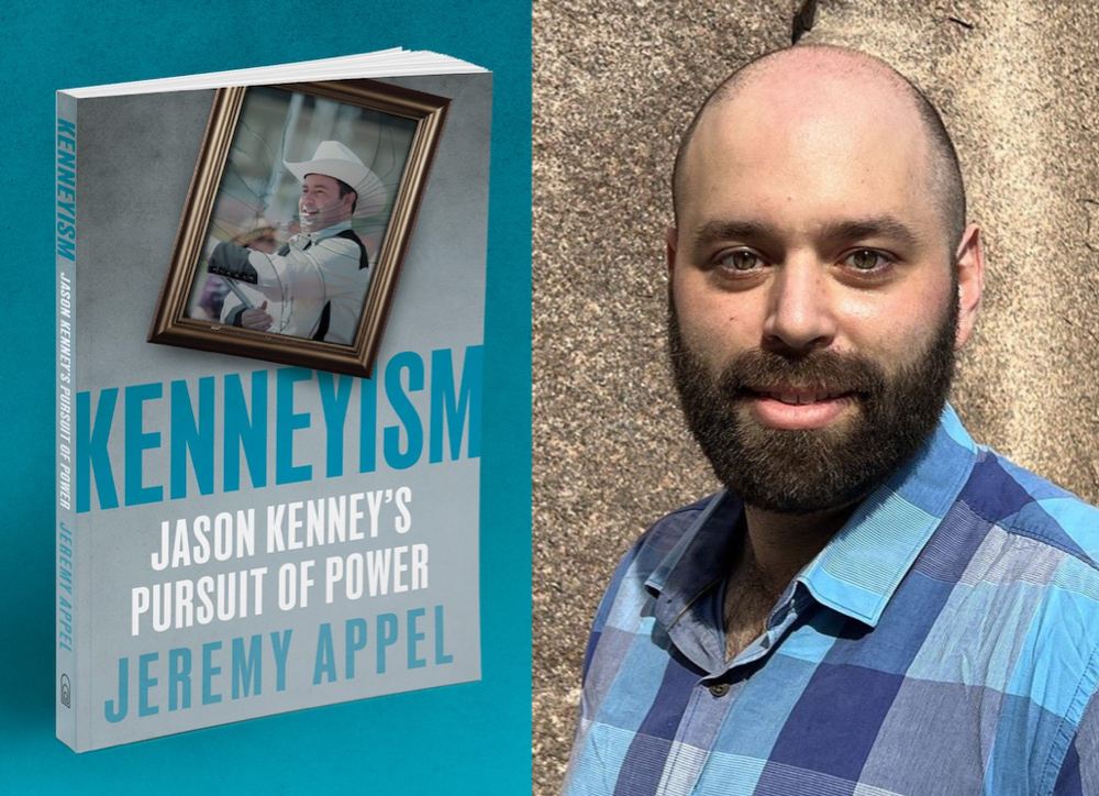 On the left, a book standing upright, the cover including a snapshot of Jason Kenney in a cowboy hat behind cracked glass and the title 'Kenneyism: Jason Kenney’s Pursuit of Power.' On the right, a young to middle-aged white man with a thick brown beard and a bald head.