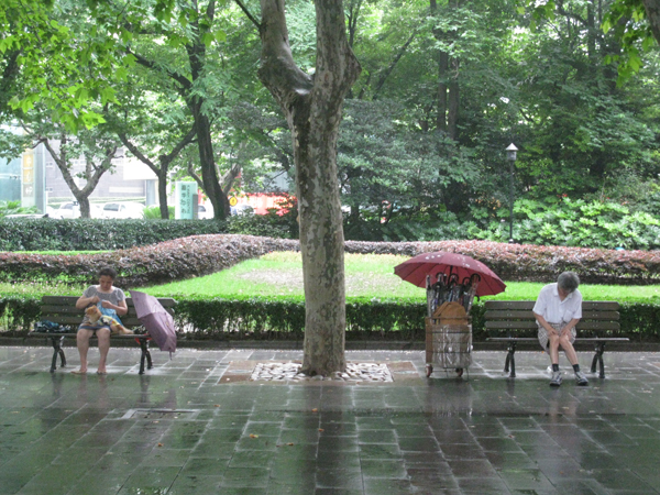 A dog tailor and umbrella seller in Shanghai