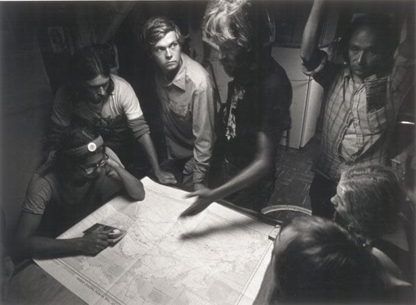 Bob Hunter with crew on the ship, James Bay. Greenpeace, early campaign