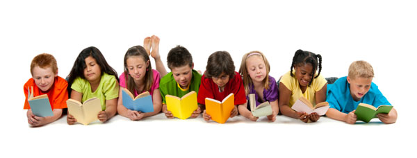 kids reading books in a row, 600px