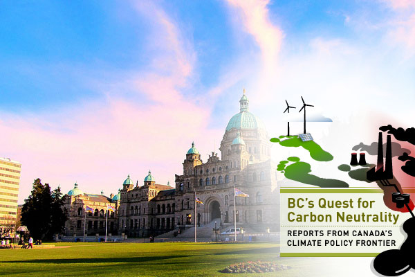 BC Legislature with Quest for Carbon Neutrality series logo
