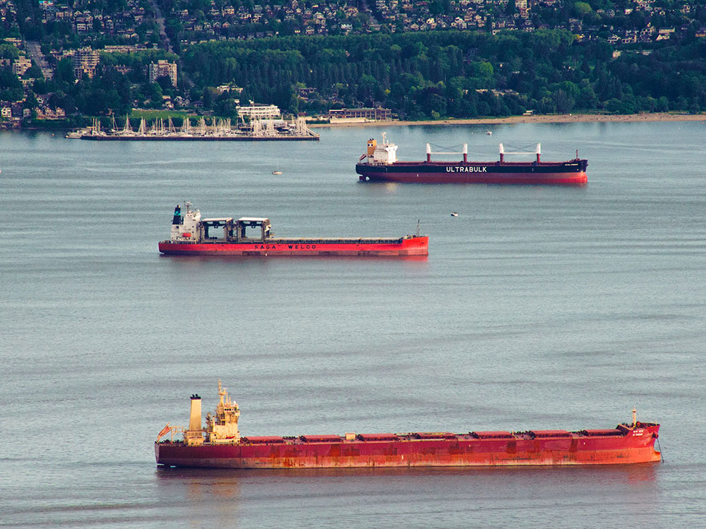 Three large ships sit anchored in Vancouver’s harbour.