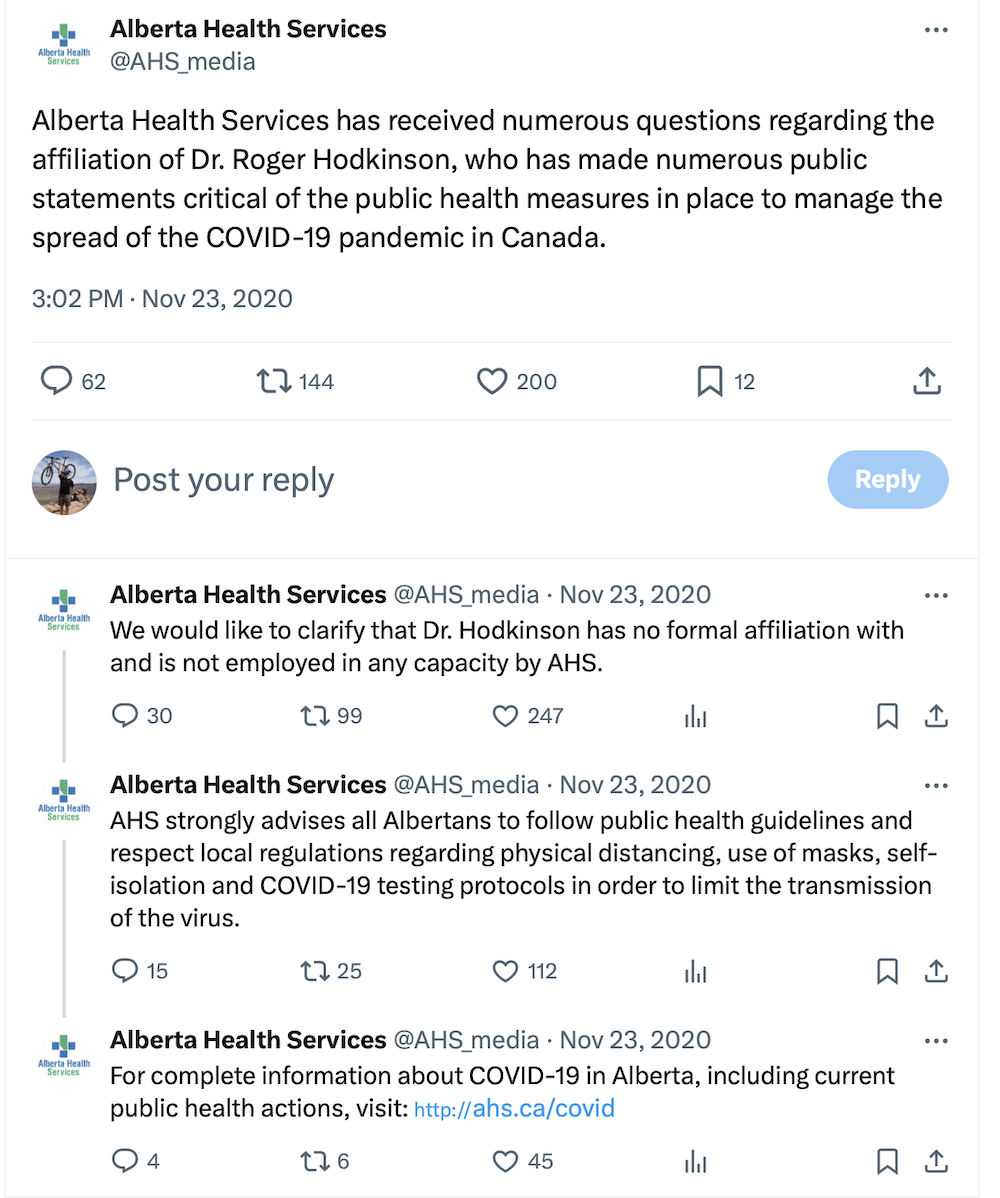 A series of Alberta Health Services posts on X distancing itself from Dr. Roger Hodkinson.