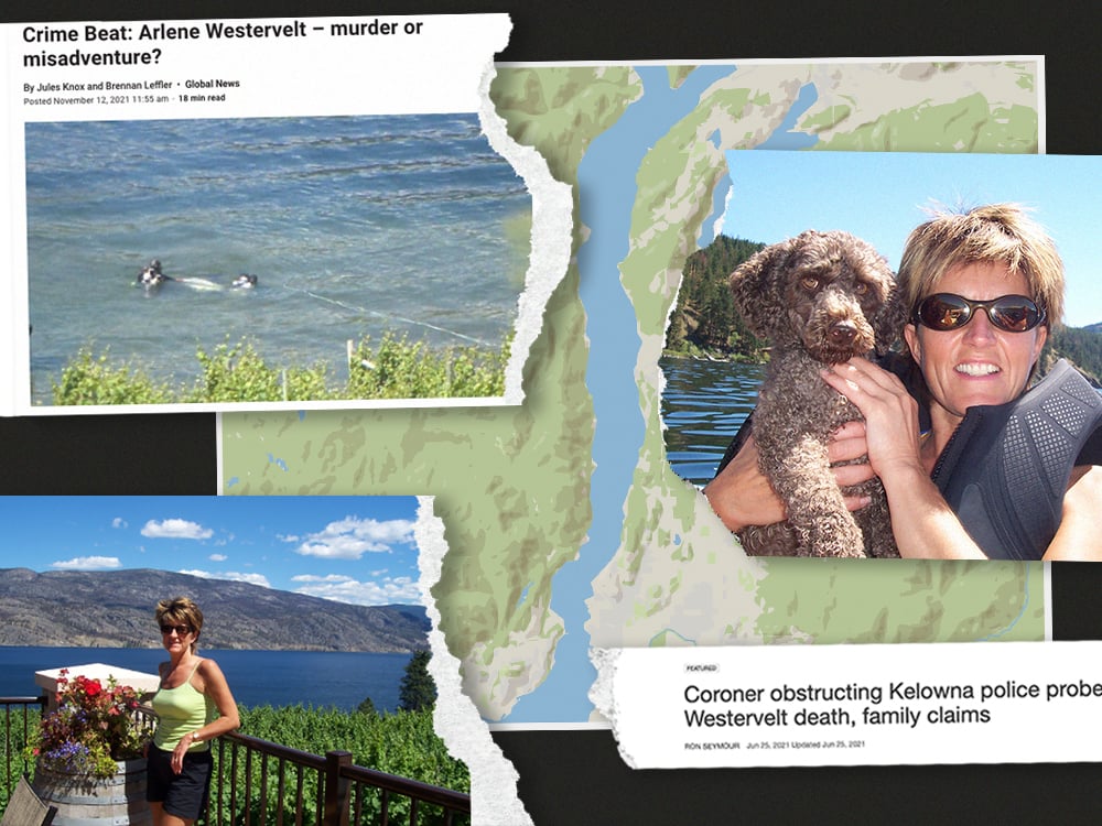 A photo collage shows a map of Okanagan Lake, photos of a woman wearing sunglasses and a life jacket holding a dog and standing in front of an orchard, and a photo of divers recovering a canoe.