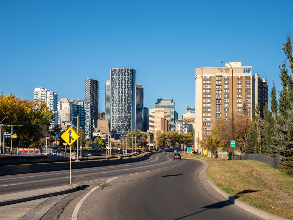 A view towards downtown Calgary from the Bridgeland sign.