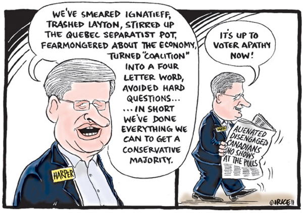 Harper majority cartoon, by Ingrid Rice