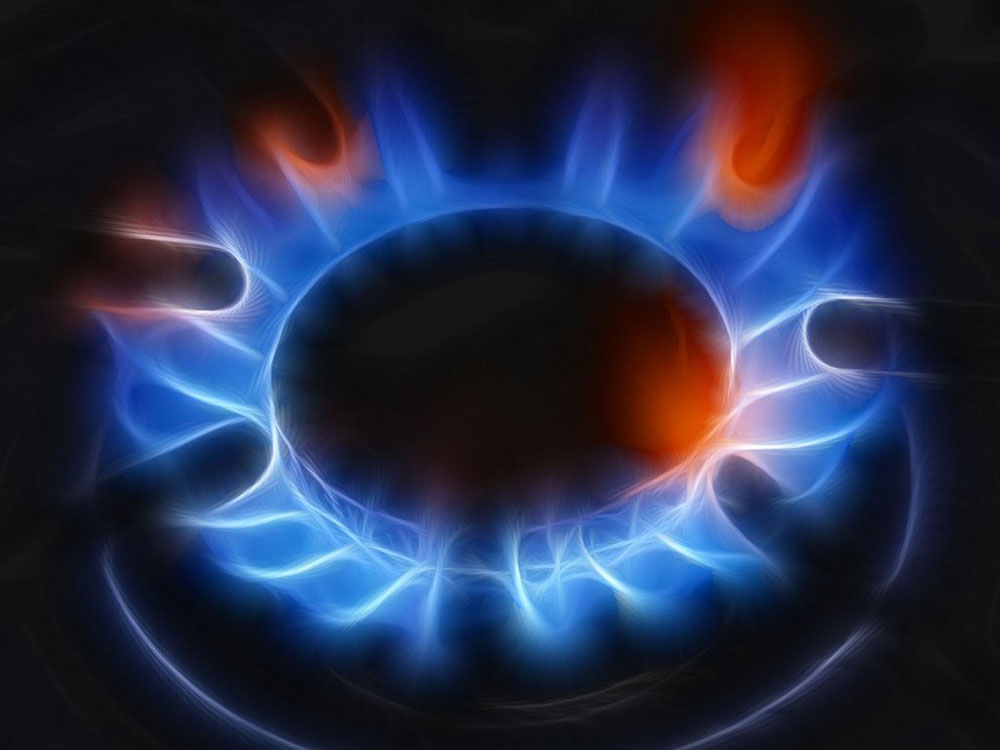 Blue flames of a stovetop gas burner on a black background.