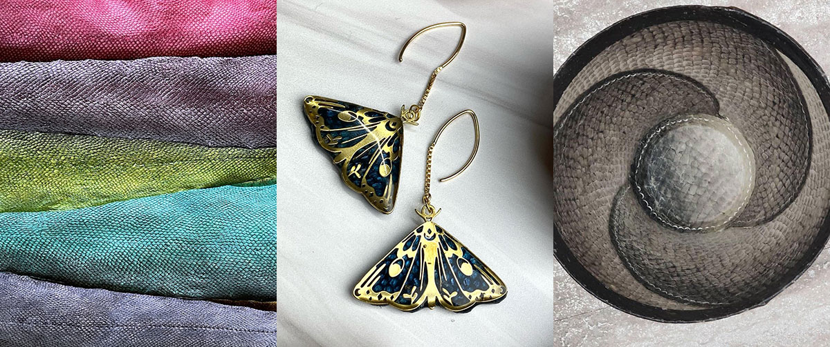 On the left, salmon skins died pink, purple, yellow-green and cyan. Centre, butterfly-shaped earrings made of indigo-dyed salmon skin encased in resin. On the right, a grey-brown basket made of fish skin.