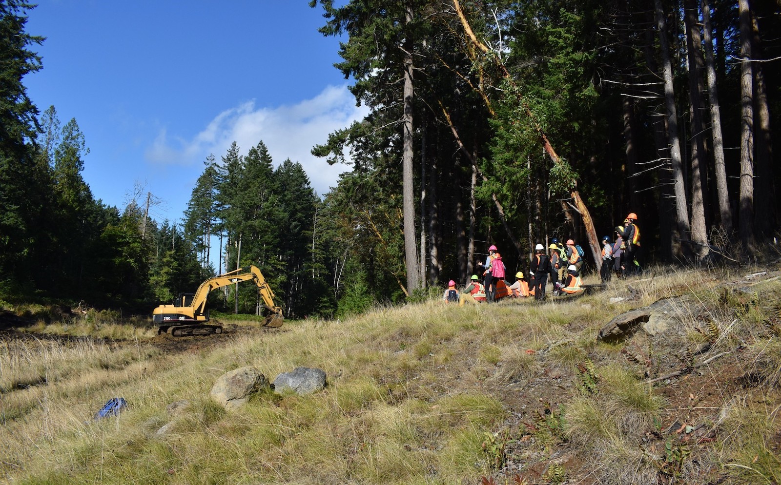 A cluster of about 12 people gather in a grassy setting. To their left stands an excavator tractor.