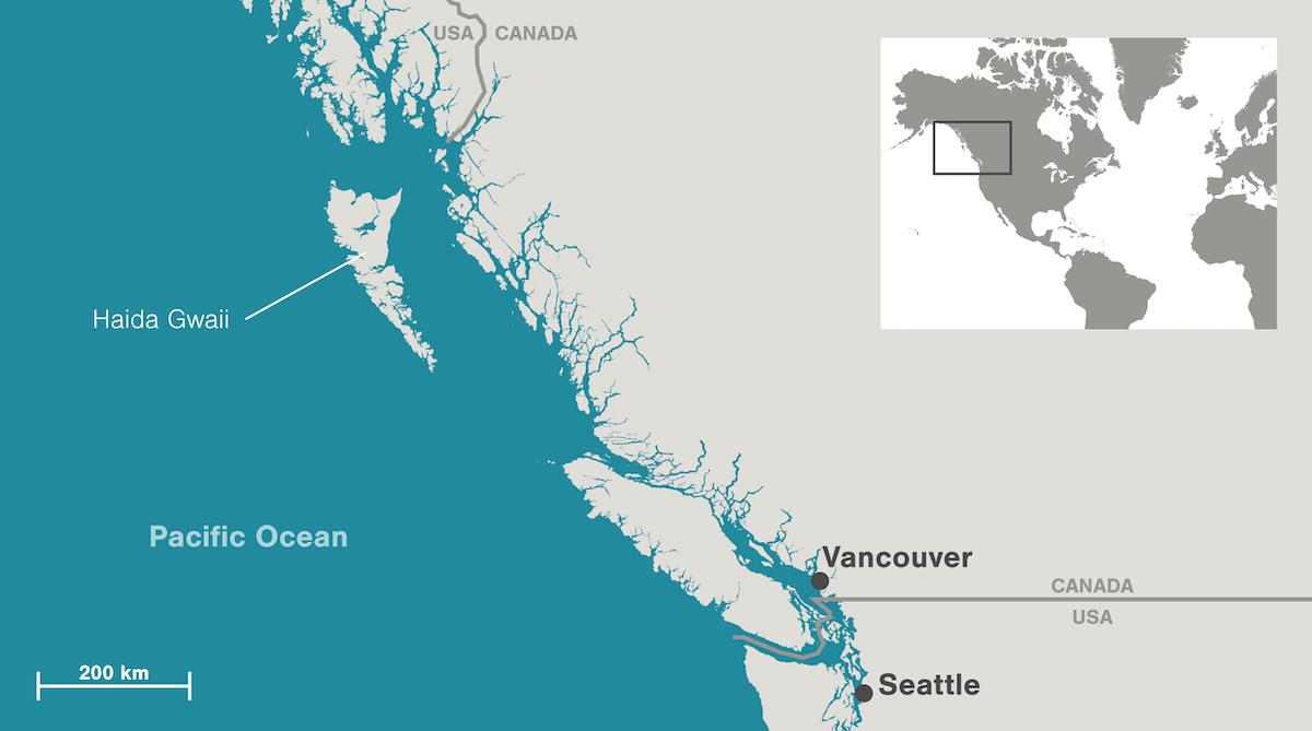A map of a western chunk of North America shows the position of Haida Gwaii, off the coast of northern B.C.
