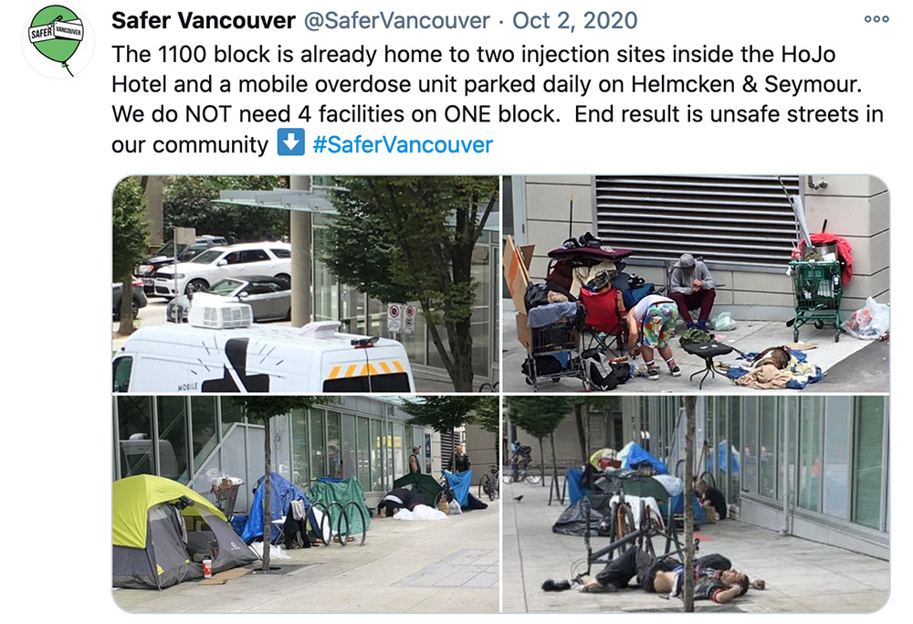 Tweet posted by @SaferVancouver, a group that often shares photos taken from faraway of drug users, homeless people and of discarded needles, that says: "The 1100 block is already home to two injection sites inside the HoJo Hotel and a mobile overdose unit parked daily on Helmcken & Seymour.  We do NOT need 4 facilities on ONE block.  End result is unsafe streets in our community  ⬇️  #SaferVancouver"