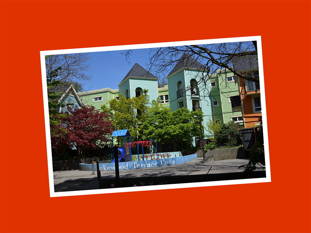 A photograph of the Lakewood Terrace building from the front, outside on a clear, blue day is positioned slightly askew in the centre of a bright orange background, reminiscent of a photo in a scrapbook collage.