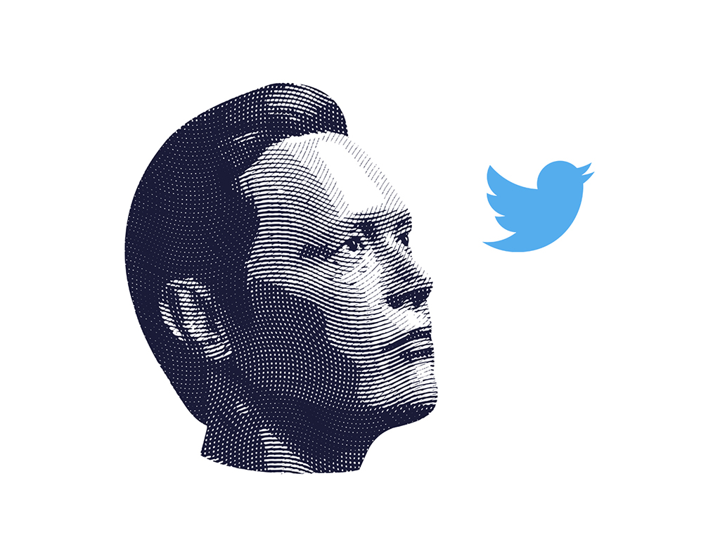 A greyscale digital rendition headshot of Elon Musk stares at a small blue Twitter bird icon amidst a white background.