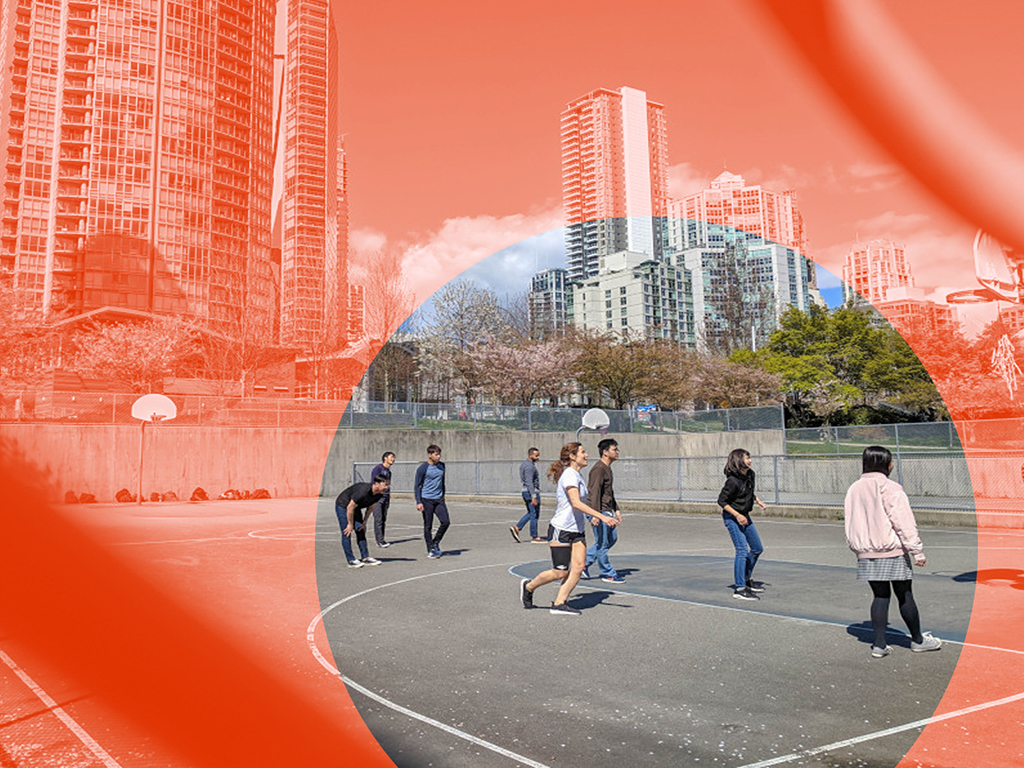 A red circle frames an image of kids playing on a court in an urban setting.