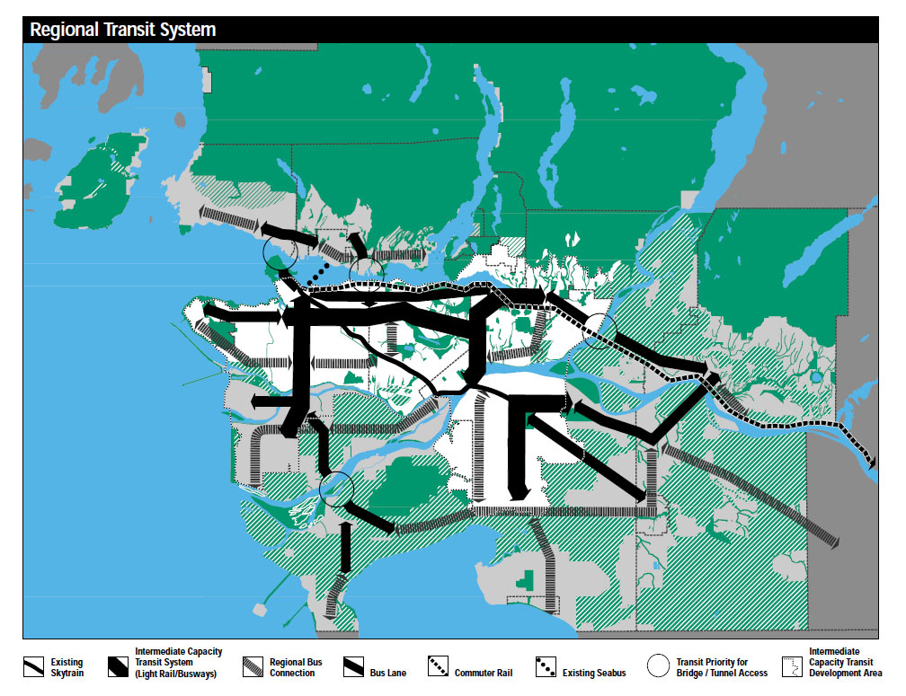 A map showing a bold black line down Broadway indicating where to build a subway and denser housing.