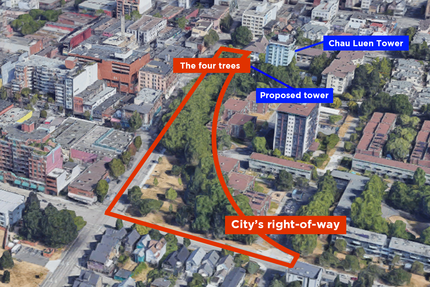An aerial map of Vancouver’s Chinatown, showing a strip of grassy land with trees once intended for a road coming off the highway, which was cancelled.