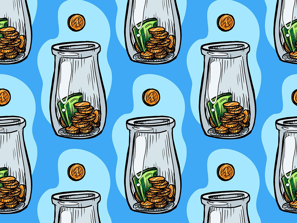 A drawing of a dollar coin dropping into a glass tip jar, the image repeated in a wallpaper fashion.