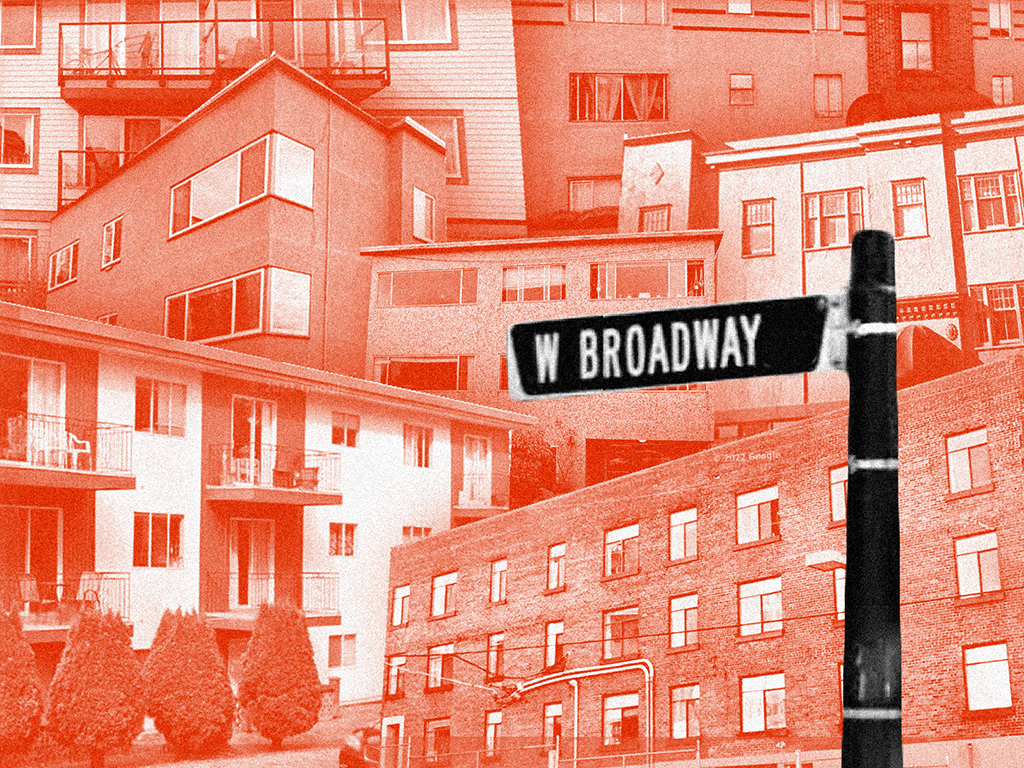 A red-tinted montage shows the variety of rental options in the Broadway Corridor, from larger buildings to fourplexes.