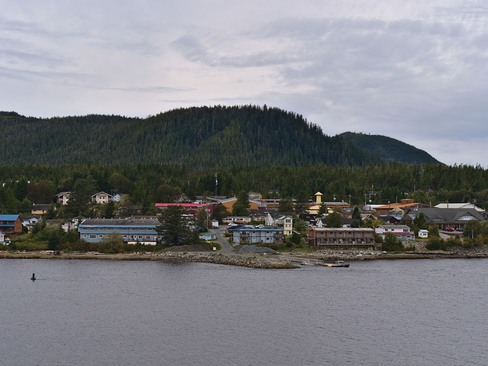 A view of Bella Bella, which forms part of the Heiltsuk First Nation, on Campbell Island on the Lama Passage, British Columbia on cloudy day in autumn.