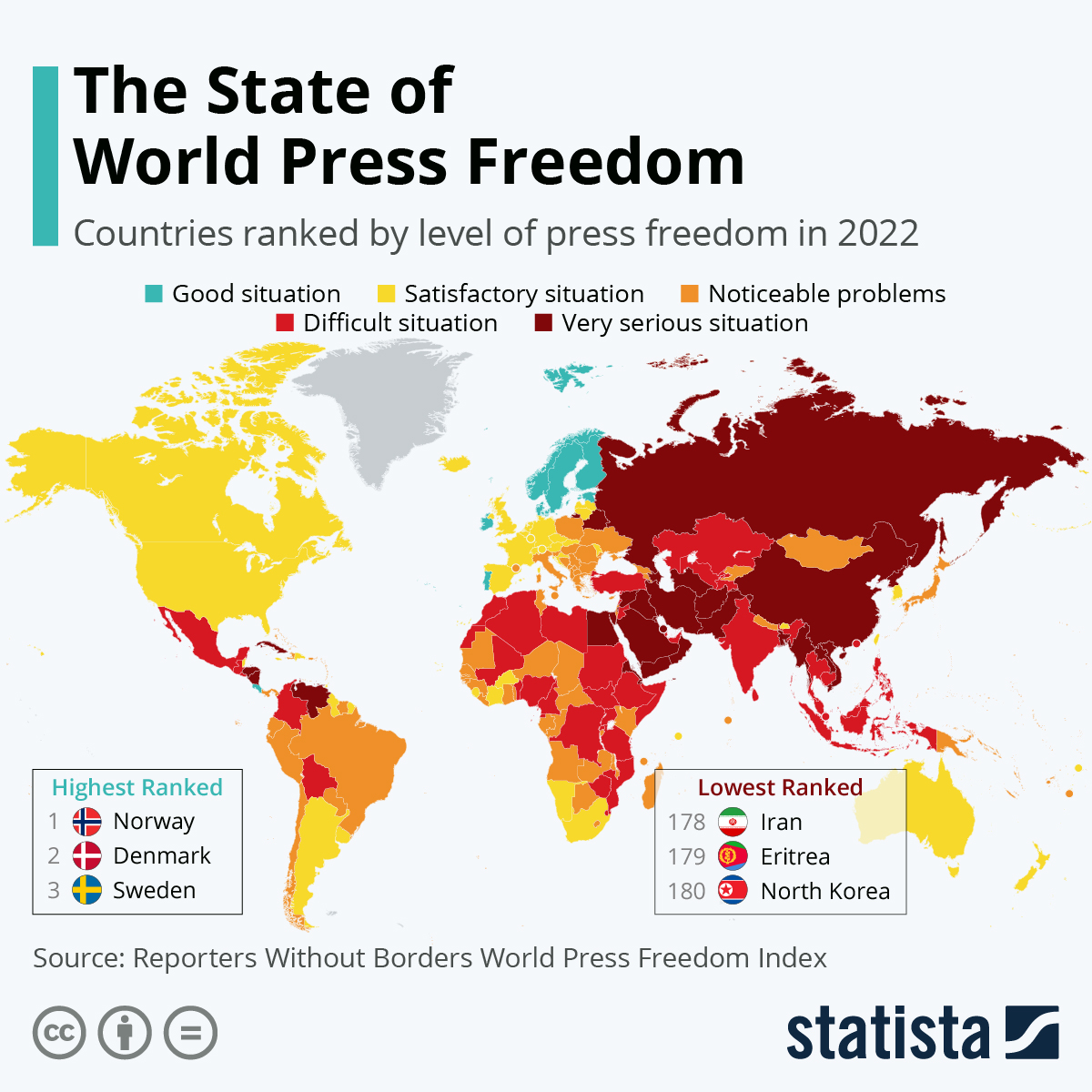 A coloured map showing differing levels of press freedom in countries across the world.