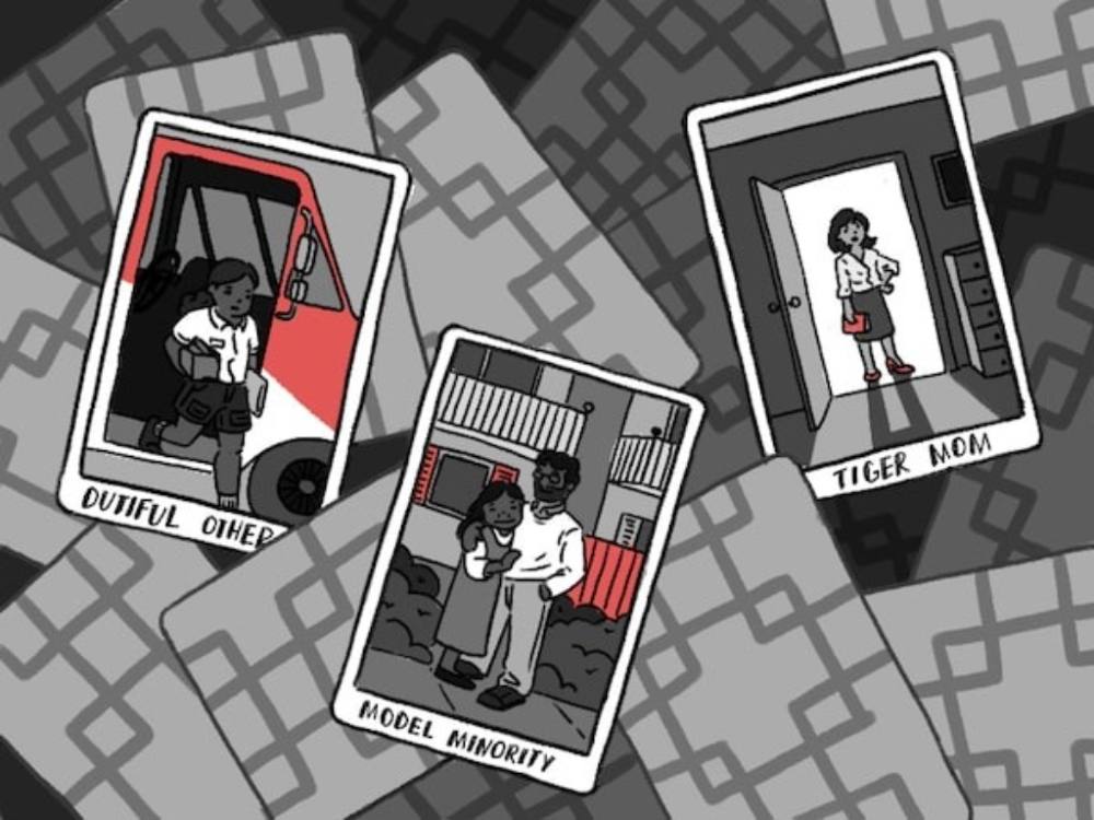An illustration with grey and red colourways features three cartoon playing cards. Each card features an illustration with the labels “Dutiful Other,” “Model Minority” and “Tiger Mom.”