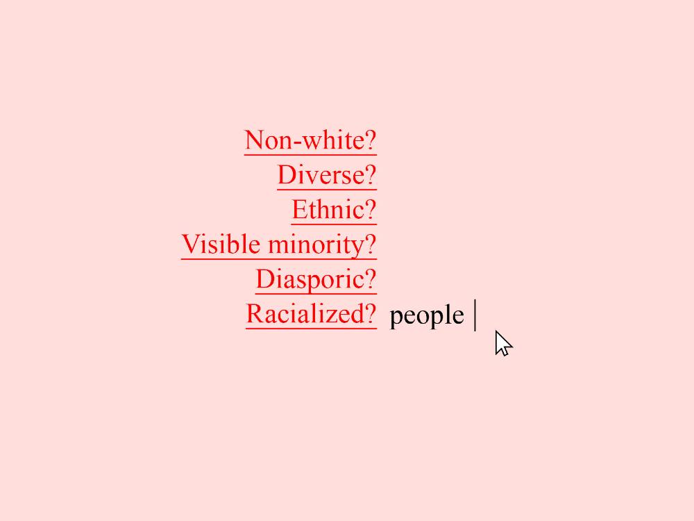 A pink background sits behind words written vertically in red. They read "non-white?", "diverse?", "ethnic?","visible minority?","diasporic?", "racialized?". The word "people" follows the list in black. 