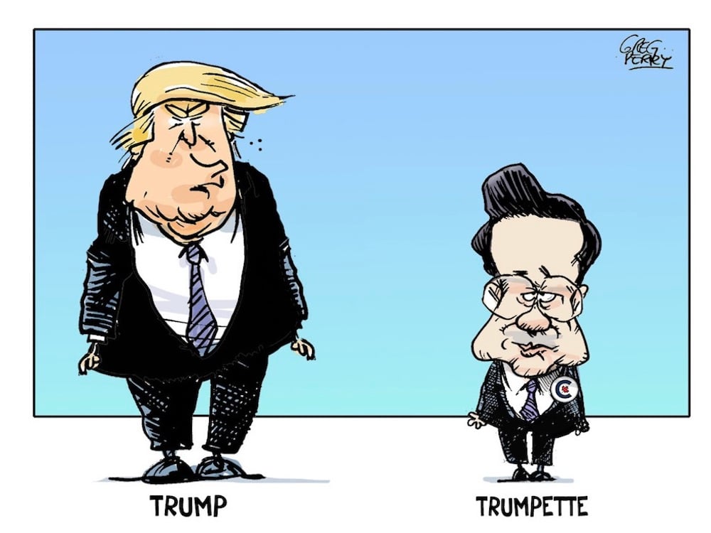 A cartoon drawing shows former U.S. president Donald Trump and Conservative leadership candidate Pierre Poilievre. They are labelled ‘Trump’ and ‘Trumpette.’