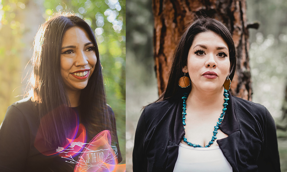 A photo diptych of two women. Both pictures are taken outside. Lauren Marchand looks off-camera, smiling. Kelsie Kilawna (Marchand) looks straight at the camera with a neutral expression.