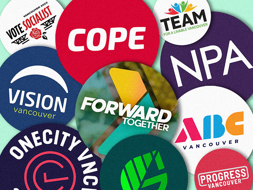 Political buttons from all 10 parties this Vancouver election crowding the frame.