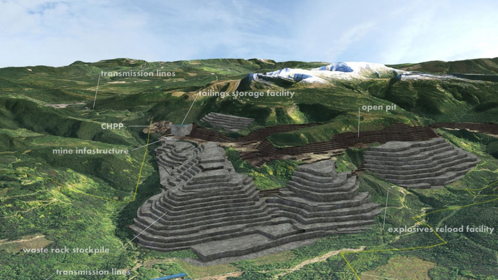 An artist rendering of the coal mine shows mountain sides made into terraced steps, with white text pointing out where things like the open pit, explosives facility and tailings ponds could go. 
