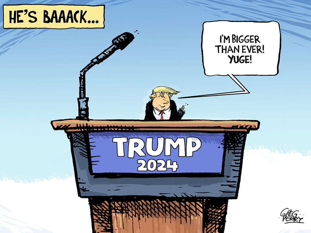 Trump stands at a podium that reads “Trump 2024.” He is saying, “I’m bigger than ever! Yuge!”