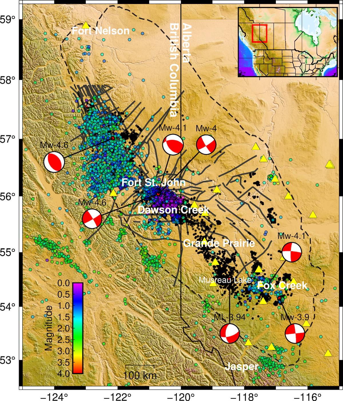 A map of northern B.C. with a legend providing a colour scale for magnitude of earthquakes, represented by colour-coded circles on the map, pointing to areas aroud Dawson Creek, Fort St. John and Grande Prairie. 