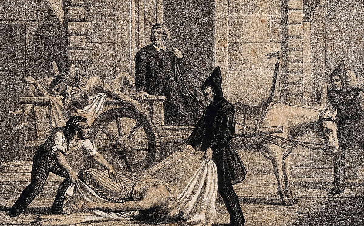 A black-and-white lithograph shows an apparently dead woman being wrapped in sheets by two men. Behind them, a horse and cart stand two other dead bodies piled in the back. The driver stares at the woman with a haughty expression.