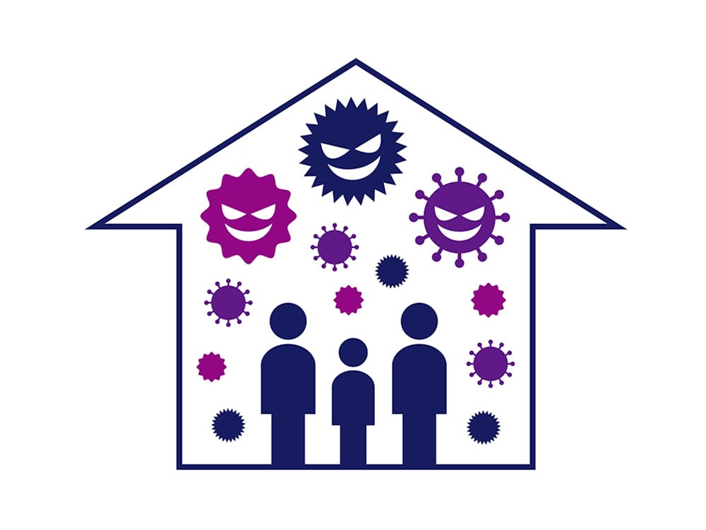 A basic stock illustration of the outline of house. Inside are blue and purple cartoon viruses with faces and blue figures.