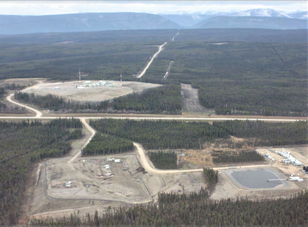 Aerial photo of drilling pads and roads for fracked gas drilling on Blueberry First Nations traditional territory in 2016.
