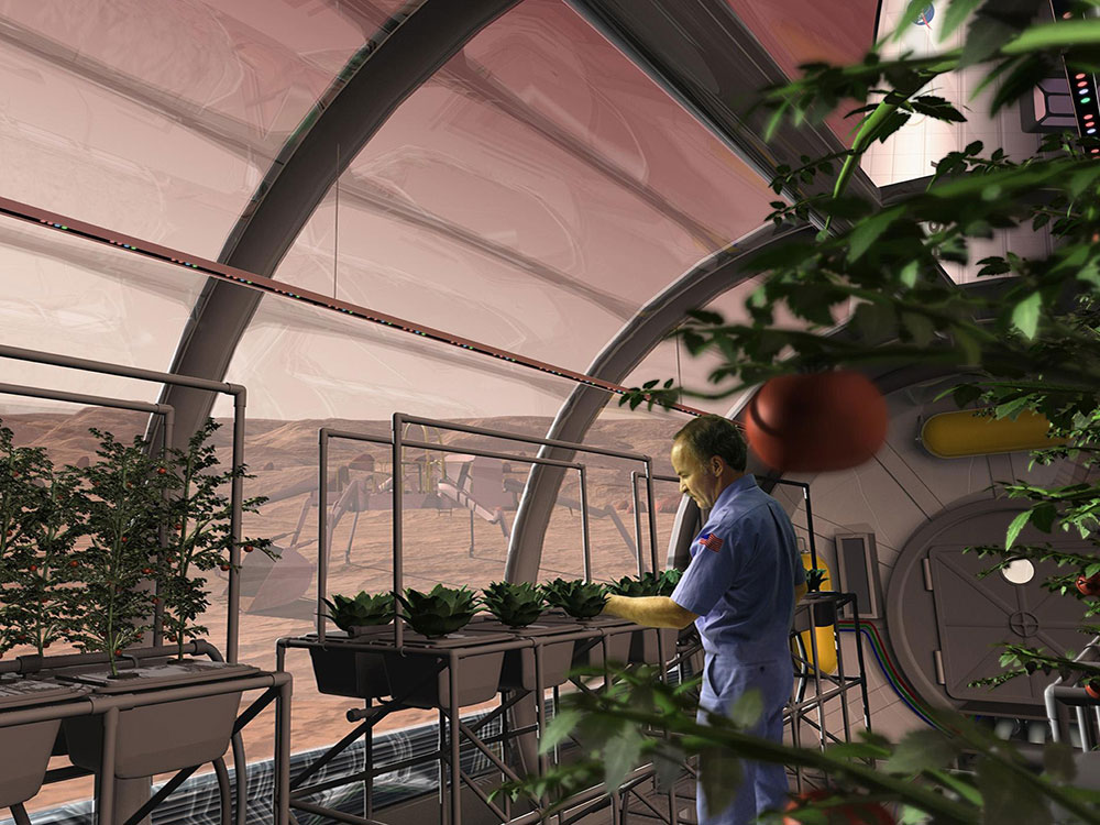 A man wearing a light blue jumpsuit tends plants in a large greenhouse, with views of a dry, brown landscape and an exotic machine that appears to be for exploring the planet.
