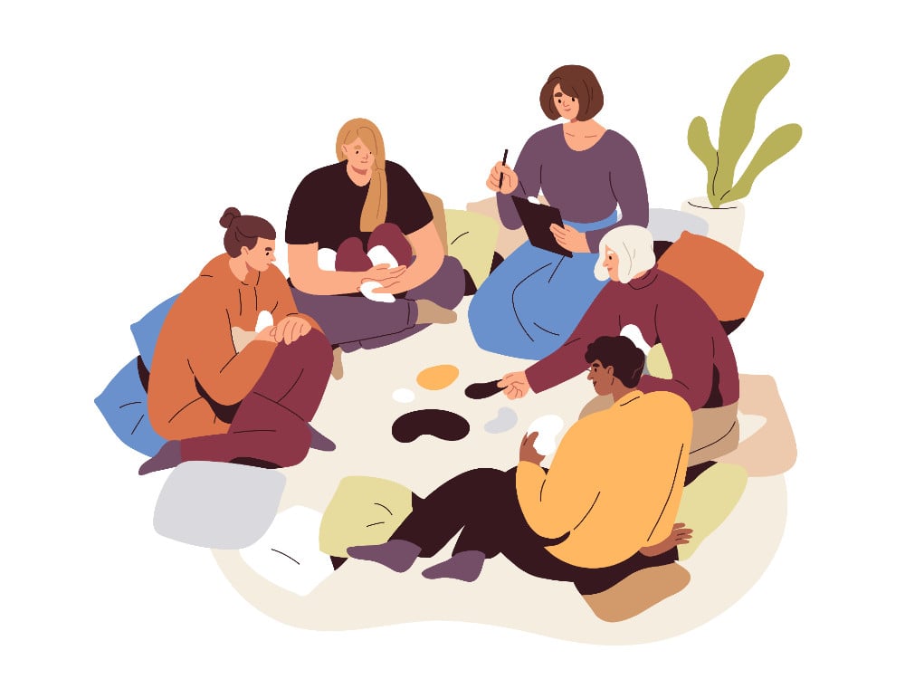 An illustration shows people sitting on the floor in a circle as part of a therapy session.