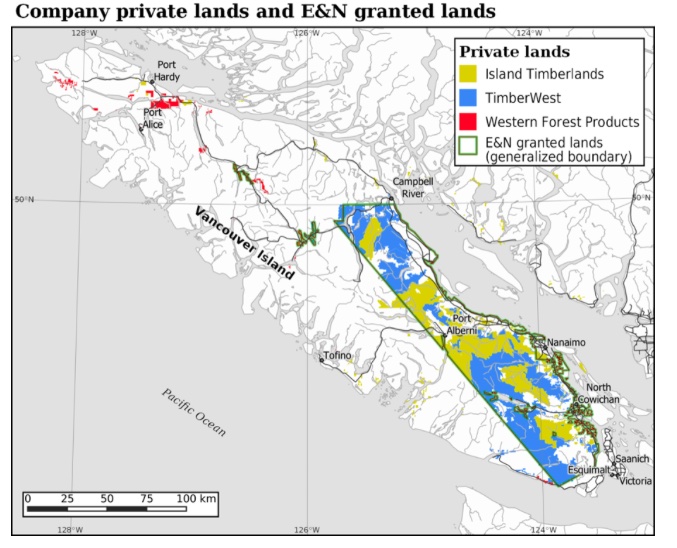 A map shows the extent of private forest lands on Vancouver Island.